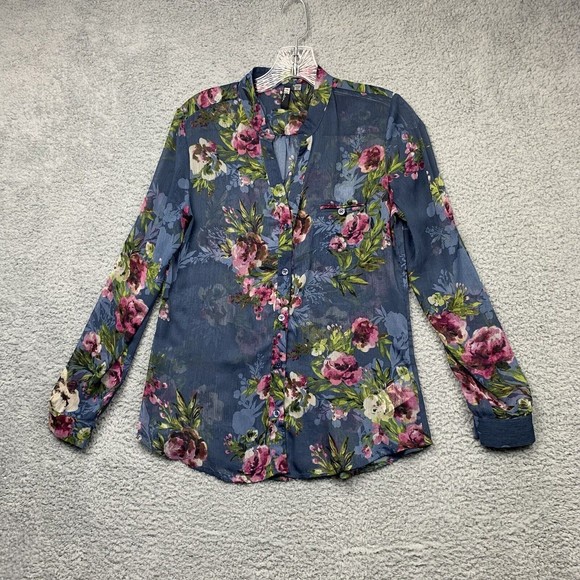Kut from the Kloth Shirt Womens XS Floral Semi Sheer Roll Tab Sleeves Button Up - Picture 1 of 16